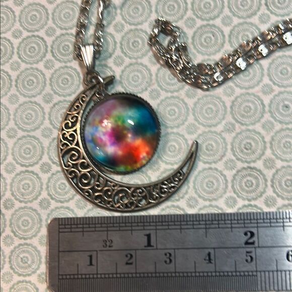 Silver Crescent Moon Necklace with Multicolor Pendant - Picture 3 of 5